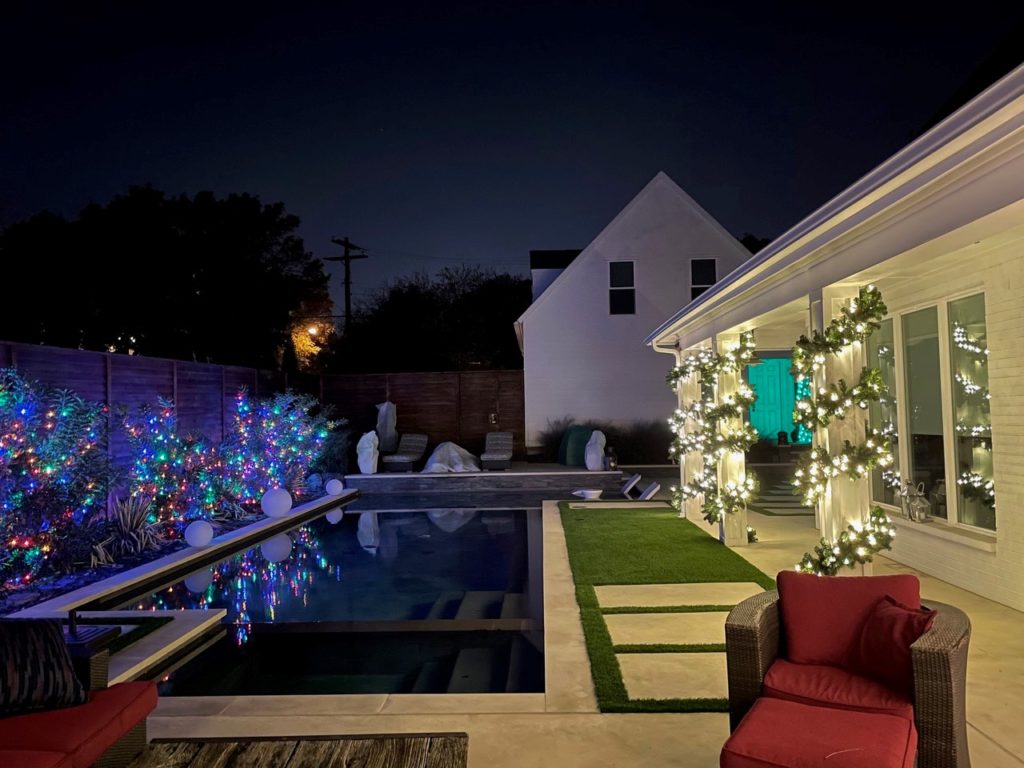 energy-efficient Christmas lights in the backyard